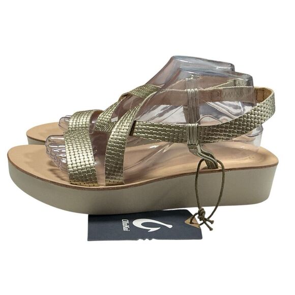Olukai Sandals Womens 10 Gold Bubbly/White Sand Onohi Strappy Platform NEW - Picture 7 of 11